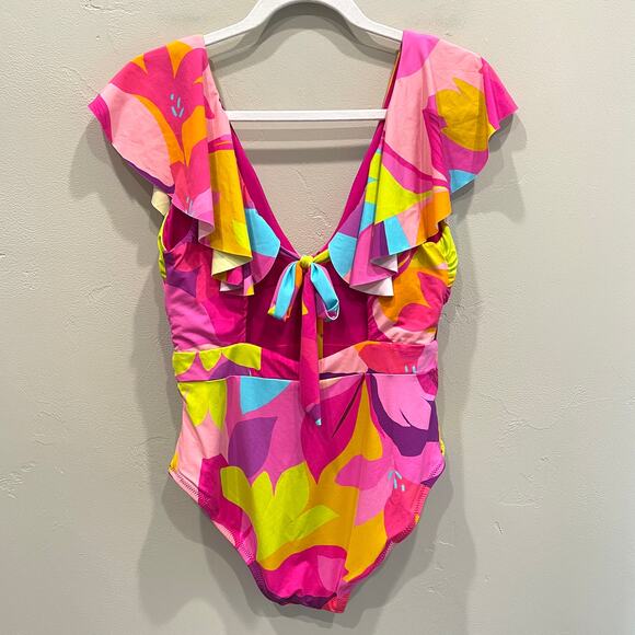 NWT Trina Turk Lilleth Ruffle One-Piece Swimsuit Pink Multi - Size: 10 - Picture 5 of 11